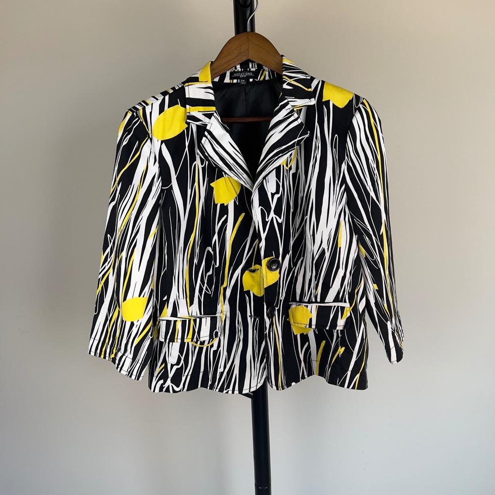 Notations Petite Black White Yellow Abstract Graphic Blazer Jacket PXL